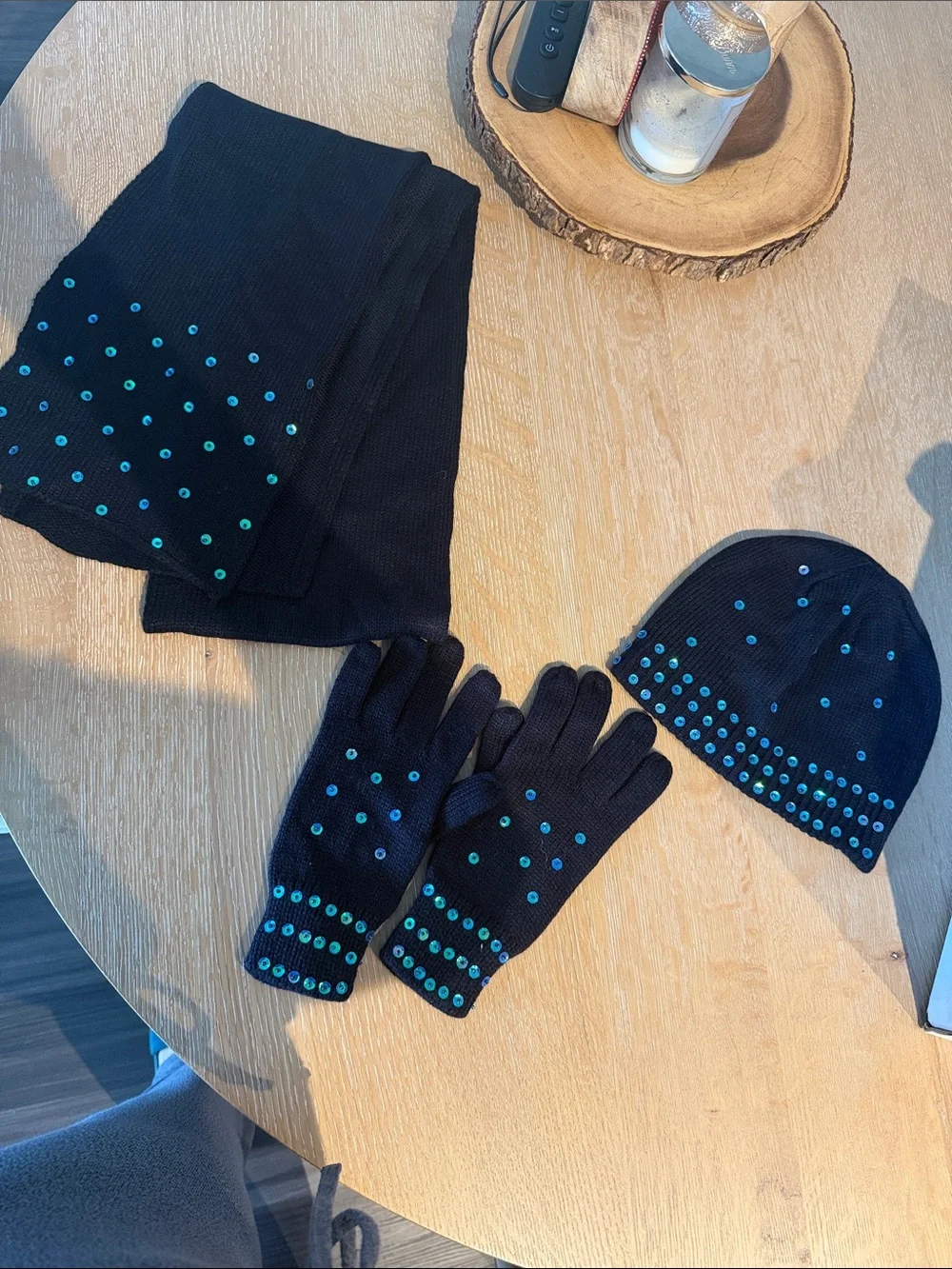 Black Knit Hat, Scarf & Gloves Set with Teal Studs